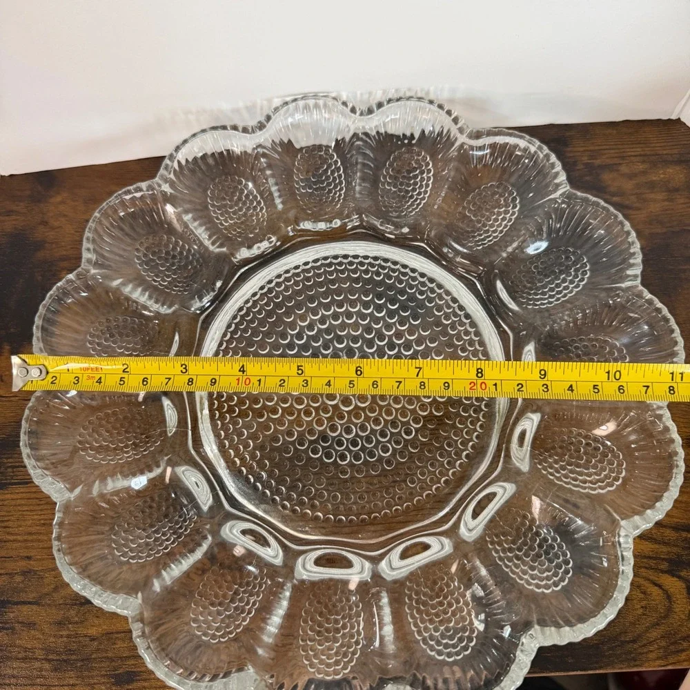 Vintage Clear Glass Deviled Egg Platter Hobnail Scalloped Shell 15 Slot Tray